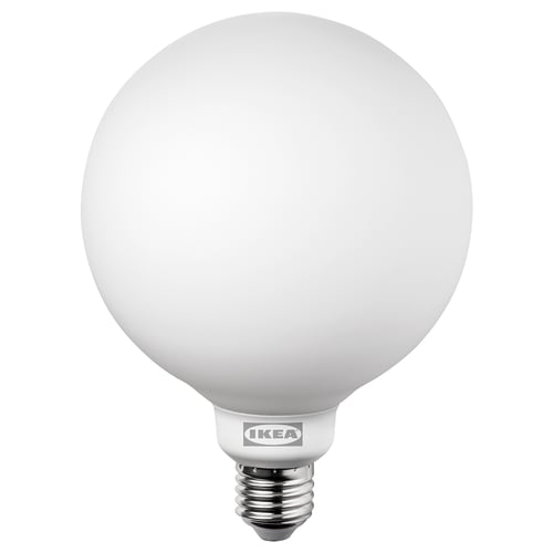 Ikea TRÅDFRI smart light bulb, frosted white glass, spherical shape, dimmable & color-tunable.
