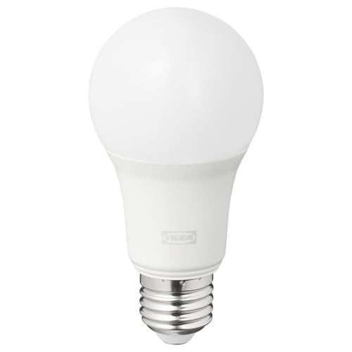 An IKEA TRÅDFRI smart light bulb, white in colour, with a classic round shape and e26 base. Made from polycarbonate plastic.