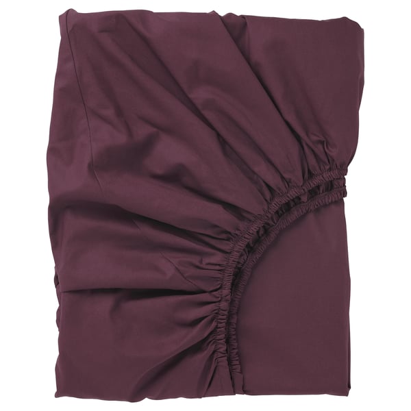 Burgundy ULLVIDE fitted sheet, 85% cotton, 15% lyocell, crisp percale weave, elastic edges.