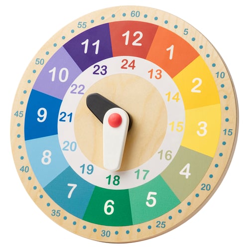 Colourful wooden clock with moveable hands, teaching 24-hour time in vibrant color-coded sections.
