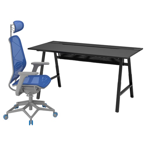 Blue gaming chair with black desk. Ergonomic chair, mesh back, five casters. Desk is rectangular, black with wire mesh.