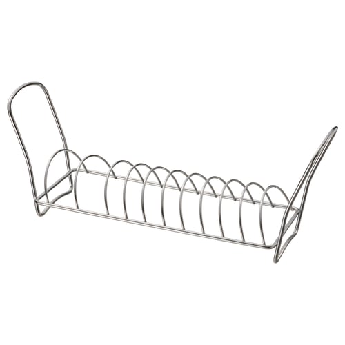 Silver metal dish rack, curved handle, wire design.