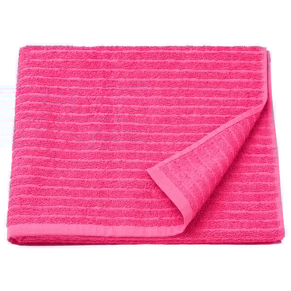 Bright pink VÅGSJÖN bath towel, rectangular, soft cotton, ribbed texture.
