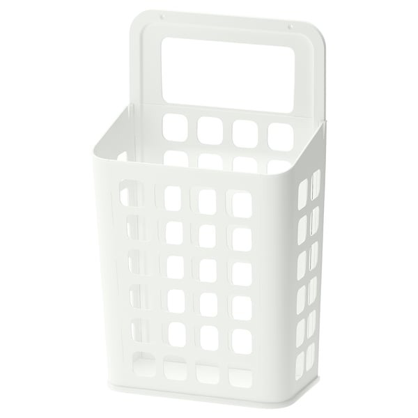 VARIERA plastic bin, white, rectangular with handle and holes, easy to clean.