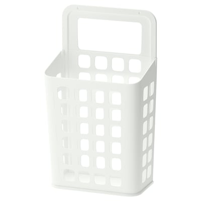VARIERA plastic bin, white, rectangular with handle and holes, easy to clean.