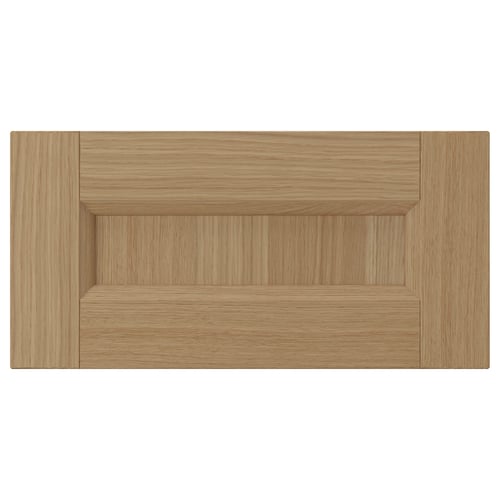 VEDHAMN oak drawer front, natural wood tone, solid oak frame, oak veneer panels, rectangular design with recessed centre, warm and rustic look.