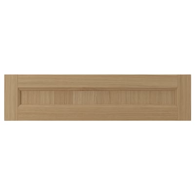 Natural wood kitchen drawer front with oak finish and solid wood frame. Simple, rectangular design.
