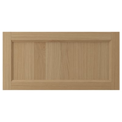 VEDHAMN natural oak kitchen drawer, rectangular with finely grained wood, solid oak frame, warm tones.