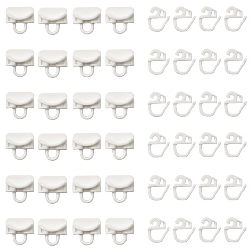 White plastic curtain hooks, neatly organised in rows, ideal for hanging curtains with VIDGA system, creating various pleat styles.