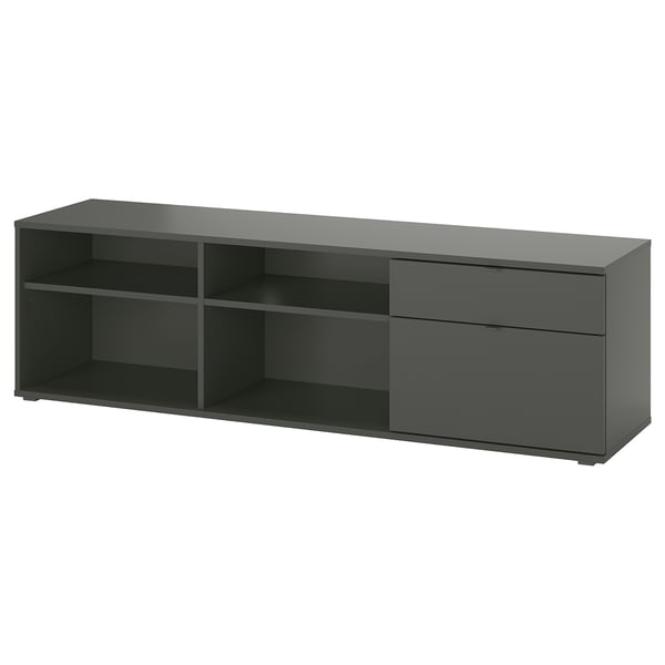 This image shows a black VIHALS tv bench with open shelves and two drawers, perfect for storage and cable management.