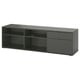 This image shows a black VIHALS tv bench with open shelves and two drawers, perfect for storage and cable management.