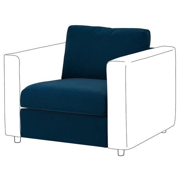 VIMLE: modern blue chair with white legs; soft, velvety cover; minimalist design.