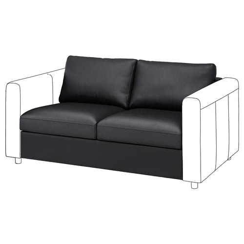 Black leather VIMLE sofa with two cushions, clean lines, and sturdy frame.