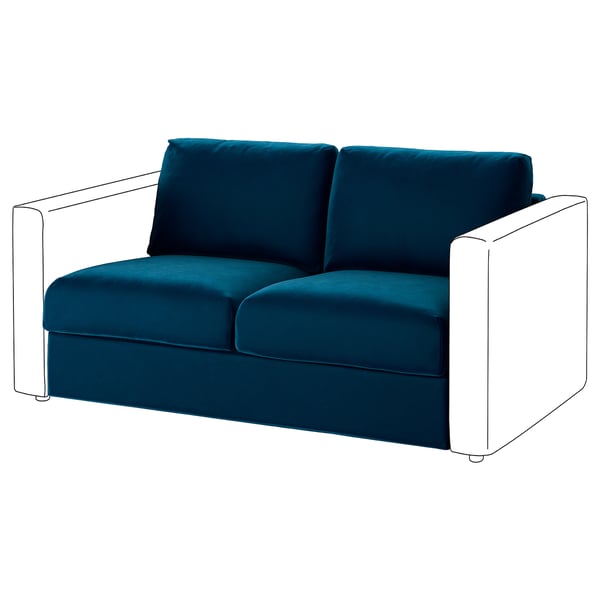 VIMLE teal 2-seat sofa-bed with white wooden arms.