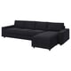 A black VIMLE modular sofa with a chaise lounge. It a modern, minimalist design with square cushions and clean lines.