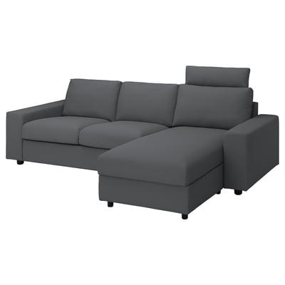 VIMLE Cover 3-seat sofa w chaise longue, with wide armrests with headrest/Hallarp grey