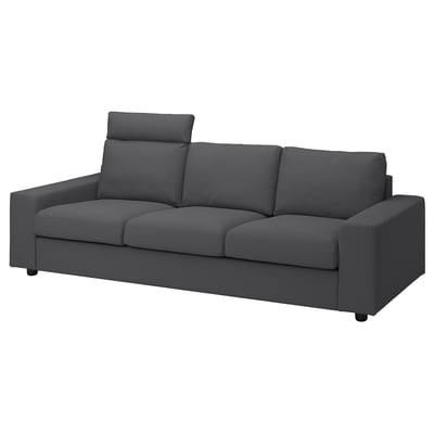 Dark grey VIMLE sofa, modern design, soft fabric, three cushioned seats, high back, sleek shape.