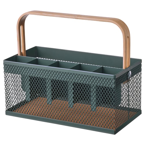 A VIMPELFISK green metal cutlery holder with a bamboo handle, designed for organising tableware, featuring multiple compartments and a cork base.