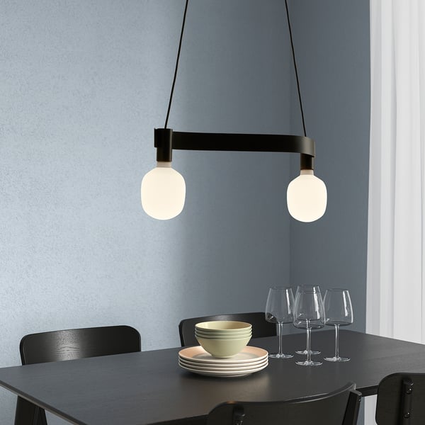 ACKJA / TRÅDFRI Pendant lamp with LED bulb, wave shaped black/smart wireless dimmable