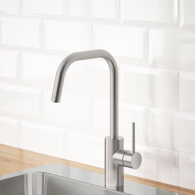ÄLMAREN stainless steel tap with sleek, tall spout; modern design.