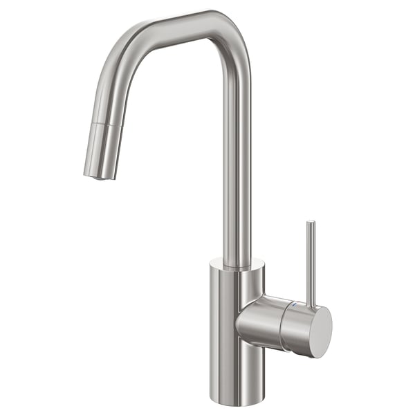Stainless steel kitchen tap, ÄLMAREN, with high curved spout and pull-out nozzle.