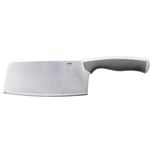 An ÄNDLIG knife with a grey handle and stainless steel blade. The design a large, curved blade for stability.