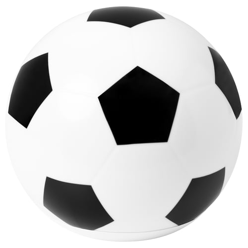 ÄNGARNA football-shaped lamp; white with black pentagons, abs plastic; spherical shape; smooth design.