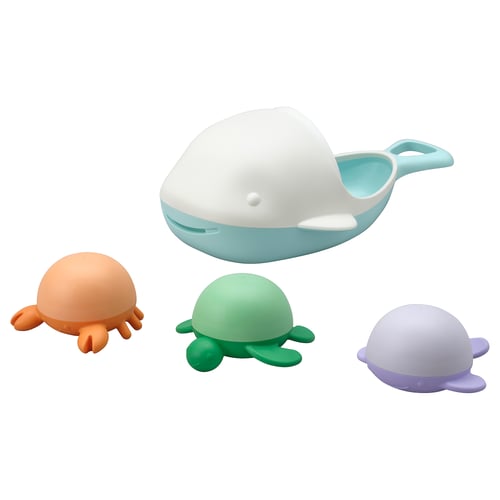Image four bath toys: ÄNGSHUMLA whale and three turtles. Shaped for childrens play. Made of soft plastic and mesh.