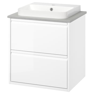 ÄNGSJÖN white bathroom vanity, glossy finish, rectangular drawers, single basin, modern design.