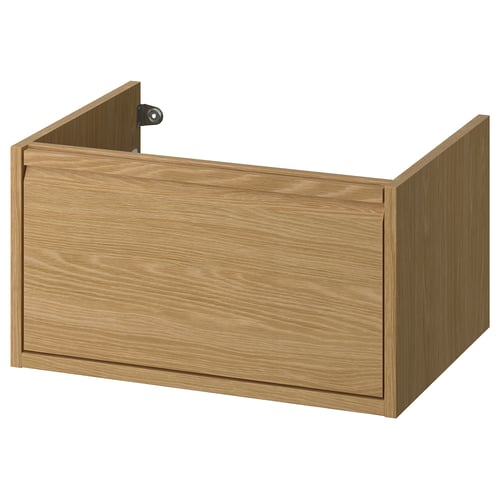 An oak-colored wooden bathroom cabinet with a drawer and minimalist design. Its part of the ÄNGSJÖN series.