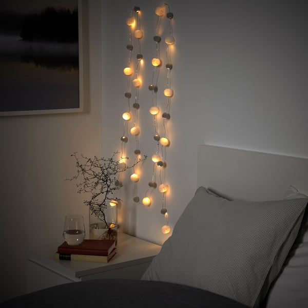 AKTERPORT LED string light with 40 lights, battery operated mini/pompon white/gray