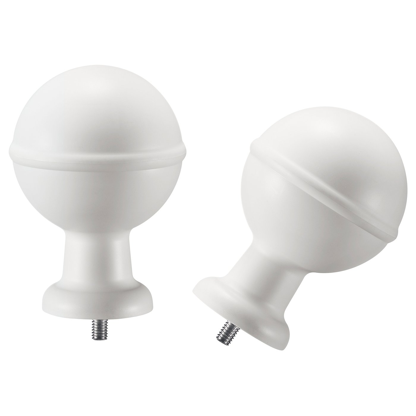 Two white spherical curtain rod finials with screws, one upright, one angled.