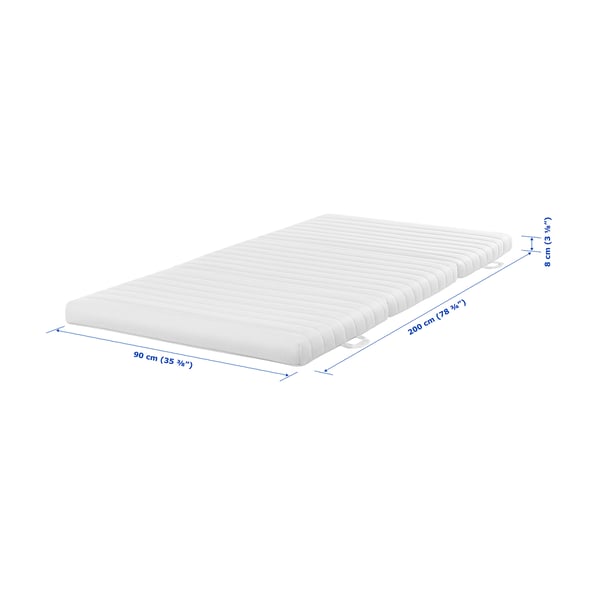 White mattress with dimensions: 200x90x8 cm. Firm with coir fibres and foam top.