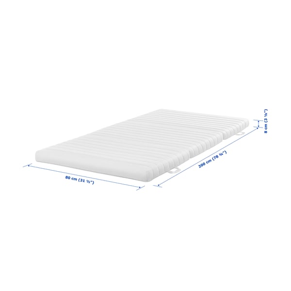 White rolled mattress with dimensions 80x200cm, firm body with foam top layer, shown on white background.