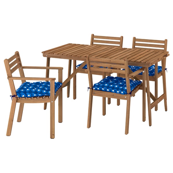 ASKHOLMEN Table and 4 armchairs, outdoor, dark brown/Klösan dark blue, 143x75 cm