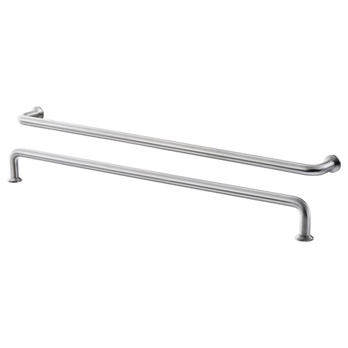 Two sleek, stainless steel BAGGANÄS handles, curved design, placed horizontally.