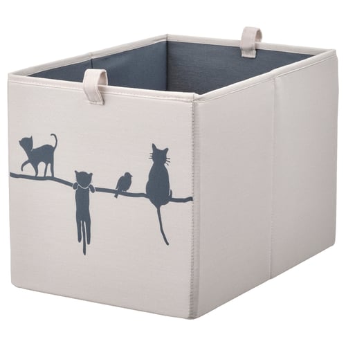 A light grey BARNDRÖM storage box with a playful cat design on two sides, made of recycled polyester, having handles for portability.