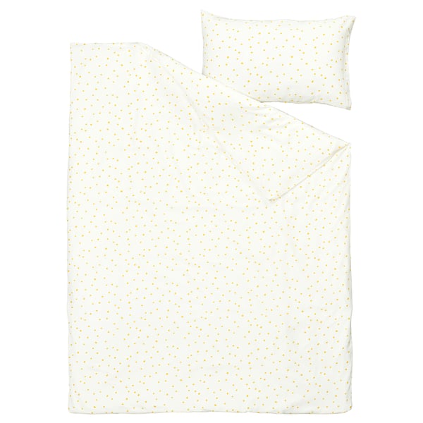 Barndrom bedding in yellow dot pattern on white, made of 52% cotton and 48% viscose/rayon.