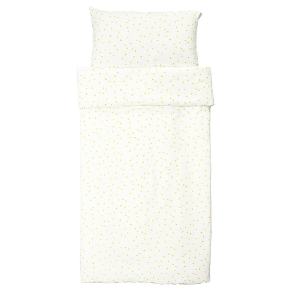 White bedding set BARNDRÖM with yellow polka dots. Includes flat sheet, pillowcase, and duvet cover in cotton and viscose/rayon.