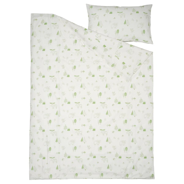 BARNDRÖM Duvet cover and pillowcase, white green/forest, 150x200/50x80 cm
