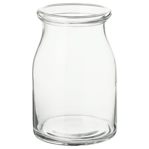 A transparent, clear glass vase with a rounded shape and smooth edges. Its simple and elegant in design, suitable for various decorative purposes.