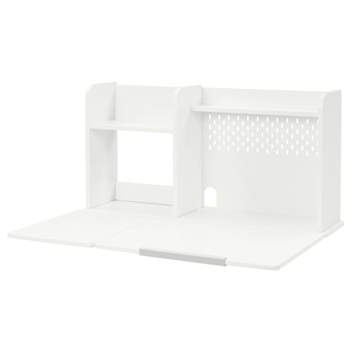 A white BERGLÄRKA desk organiser. It has compartments and a shelf, designed for office use.