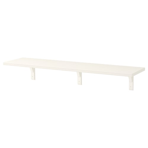 White BERGSHULT shelf with smooth edge, metal brackets, particleboard.