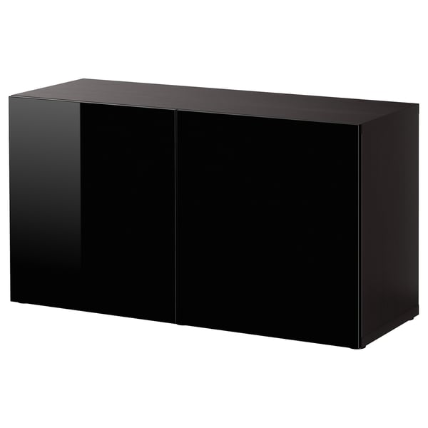BESTÅ Shelf unit with doors, black-brown/Selsviken high-gloss/black, 120x42x64 cm
