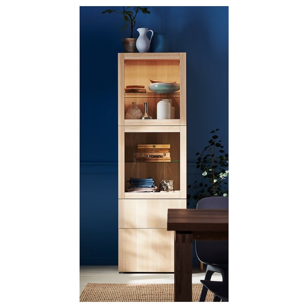 BESTÅ Storage combination w/glass doors, white stained oak effect/Lappviken wht stained oak effect clear glass, 60x42x193 cm