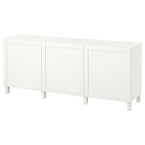 White BESTÅ sideboard, rectangular shape, three sections, two doors, metal and wood.