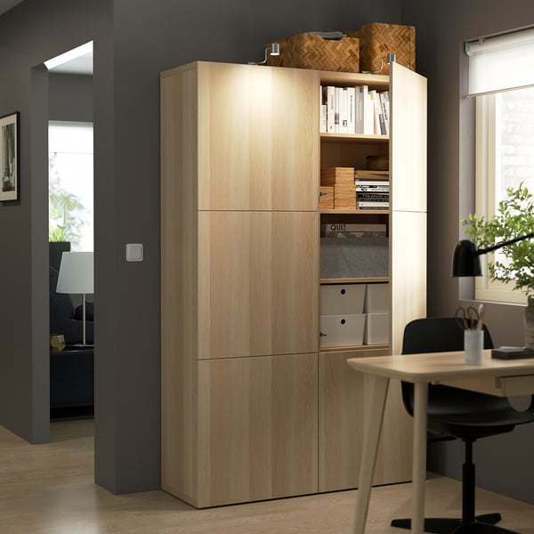 BESTÅ Storage combination with doors, white stained oak effect/Lappviken white stained oak effect, 120x42x193 cm