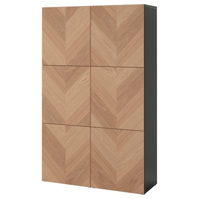 Modern BESTÅ cabinet in light wood with herringbone pattern, smooth edges, four doors, minimalist design.