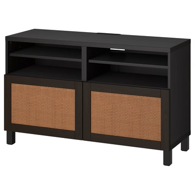 Black BESTÅ tv unit woven panels, adjustable shelves, and built-in cable management.
