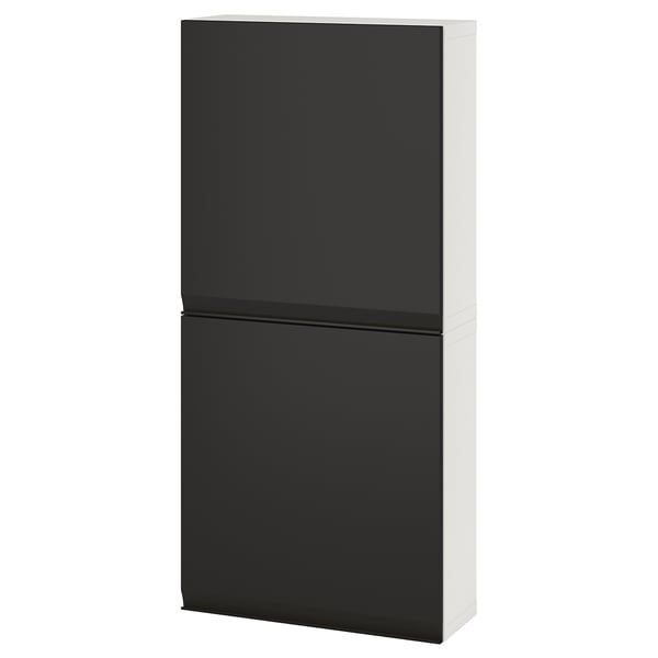 Modern wall-mounted black cabinet with sleek lines, offering organised storage.